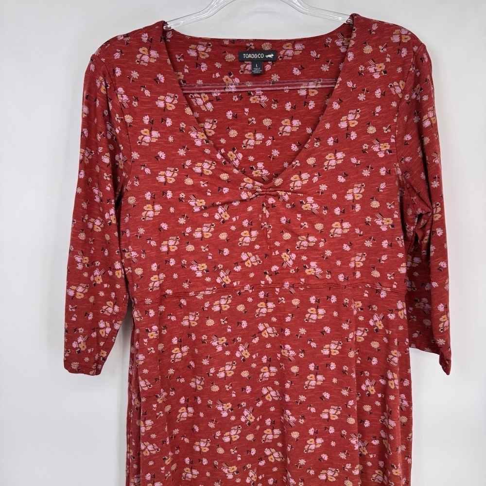 Toad&Co Dress Women Large Orange Floral Print Tencel Organic Cotton Zip Pocke - Picture 3 of 16